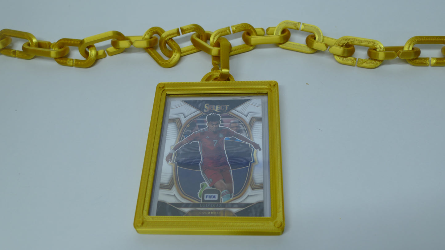 Yellow 3D printed chain with rectangular frame holding a collectible sports card