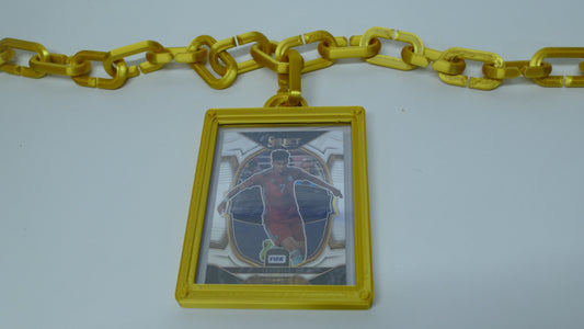 Yellow 3D printed chain with rectangular frame holding a collectible sports card