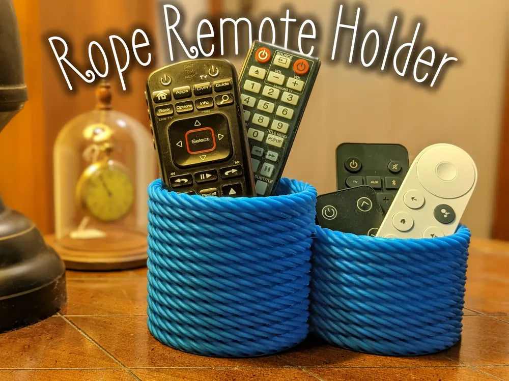 Blue 3D-printed rope remote holder with two sizes holding remotes