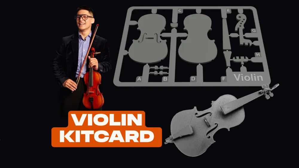 3D printed violin kit parts on a sprue