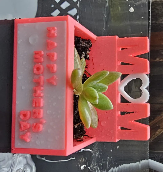 3D printed pink and white succulent planter with Happy Mothers Day message and heart design for Mothers Day gift