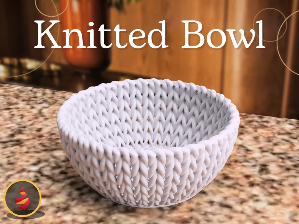White 3D-printed knitted bowl resting on a granite countertop
