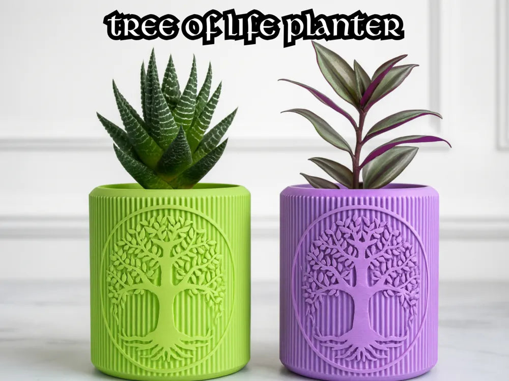 Green Tree of Life 3D printed planter with succulent