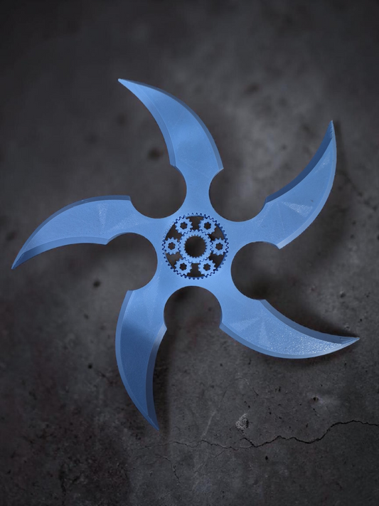 Blue 3D printed five-blade gear spinner with a central planetary gear mechanism on a dark textured background